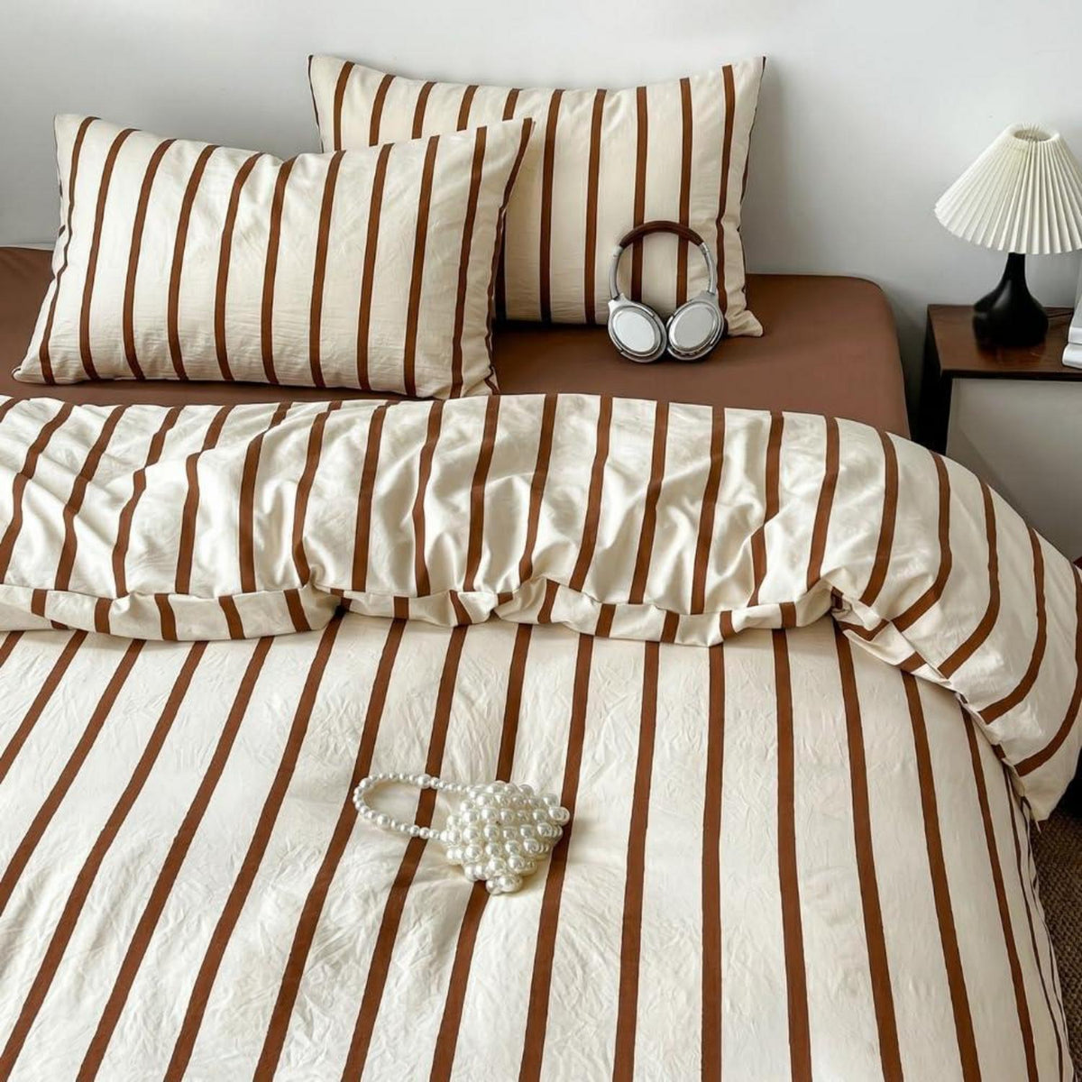 Vintage Bettwäsche-Set 220x240 Beige Braun Gestreift 3-teilig