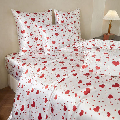Satin Bettwäsche Set 135x200 Rot Herzen – 4-teilig & Hochwertig