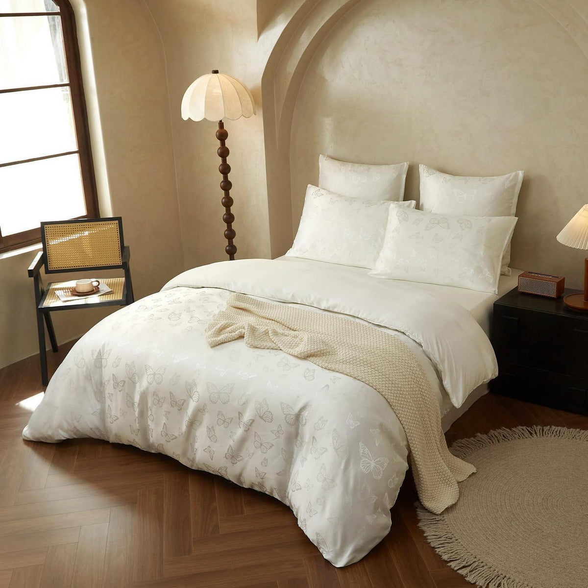 Satin Bettwäsche Set 135x200 Weiß Creme Schmetterling