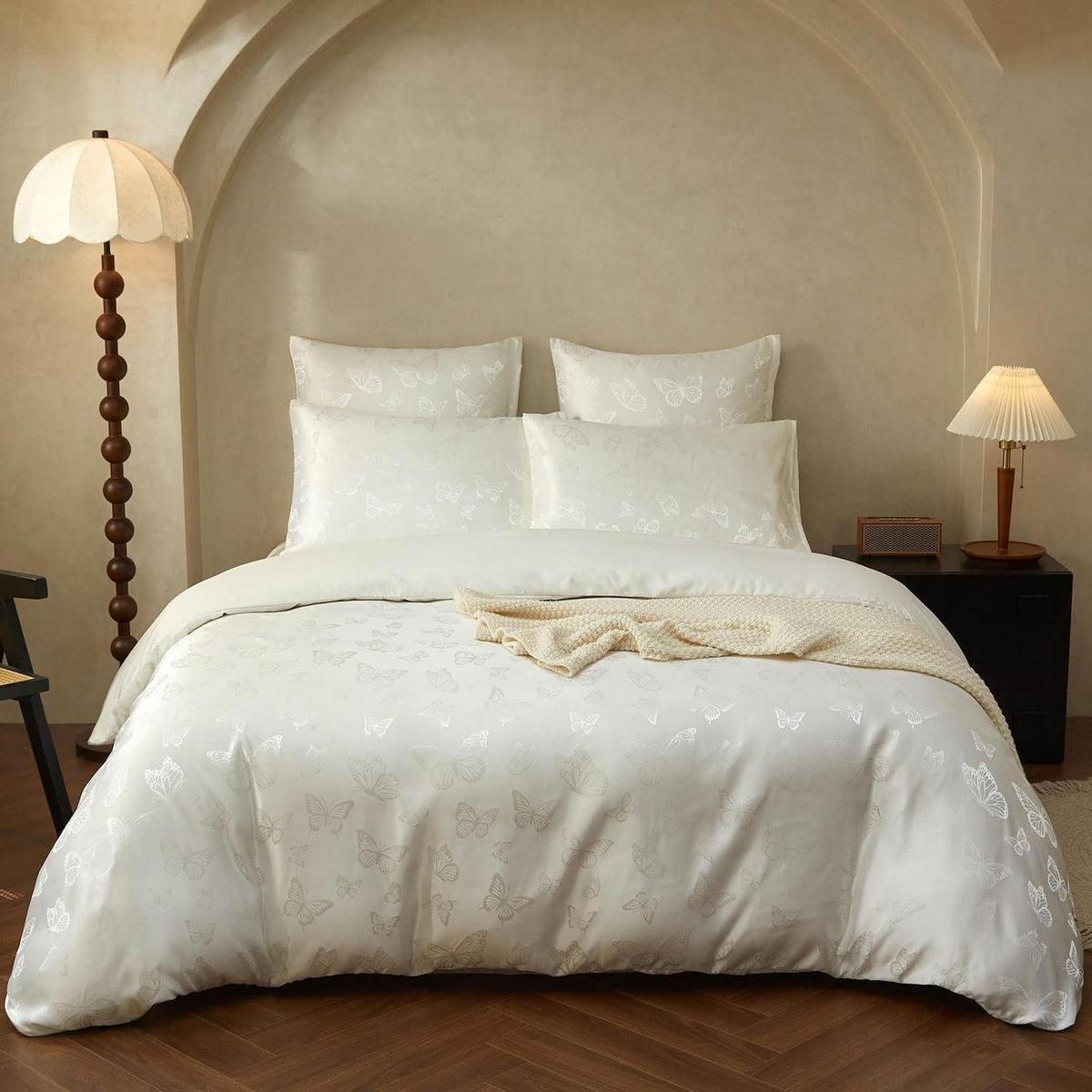 Satin Bettwäsche Set 135x200 Weiß Creme Schmetterling Jacquard