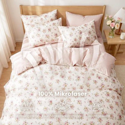 Blumen Bettwäsche Set 220x240 cm, Cremeweiß Rosa Mikrofaser