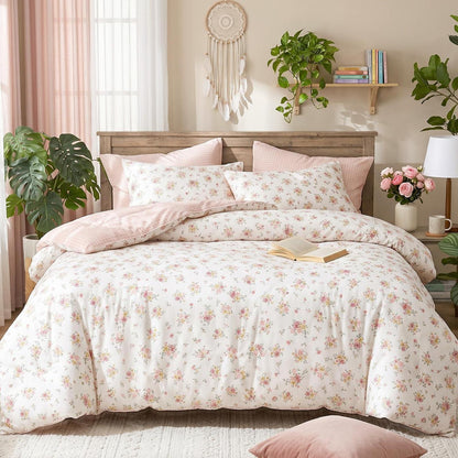Blumen Bettwäsche Set 220x240 cm, Cremeweiß Rosa Mikrofaser