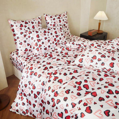 Satin Bettwäsche Set 135x200 Rot Schwarz Herzen