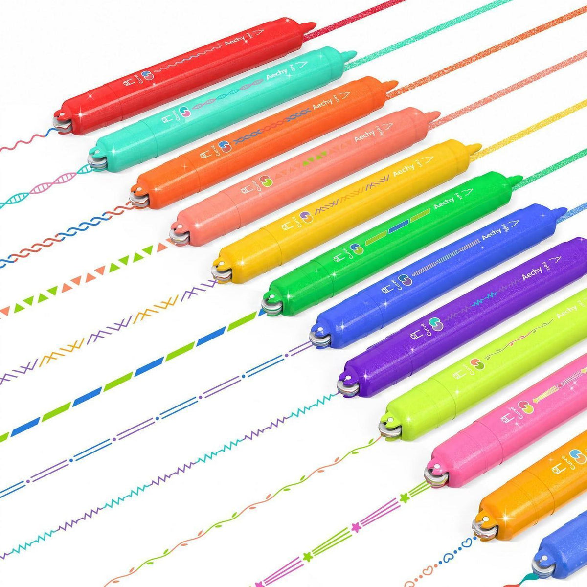 12er Textmarker Set mit Glitzer & Rollermuster