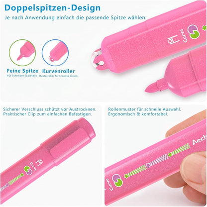12er Textmarker Set mit Glitzer & Rollermuster