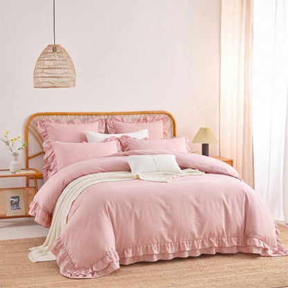 Rüschen Bettwäsche Set Rosa 200x200 + 2x 80x80cm