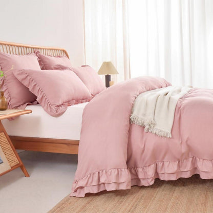 Rüschen Bettwäsche Set Rosa 200x200 + 2x 80x80cm