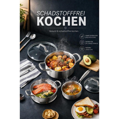 10-teiliges Edelstahl Kochtopf-Set mit Glasdeckeln