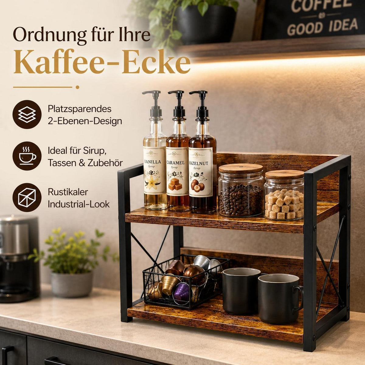 Küchenregal 2 Ebenen Holz Metall, Kaffee Organizer