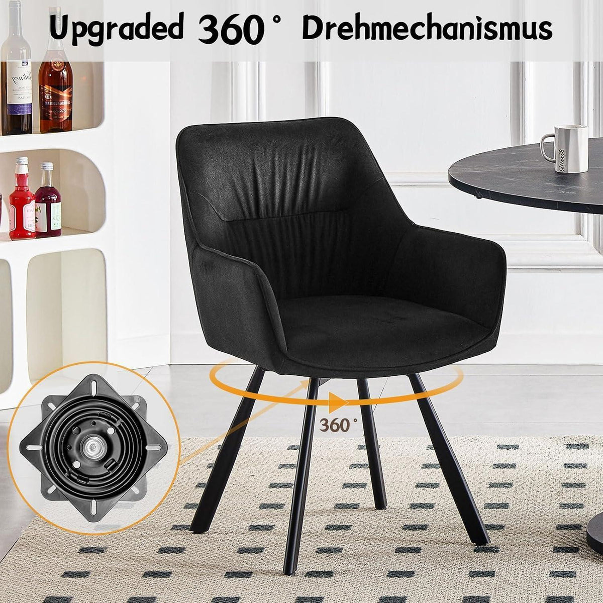 Drehbarer Esszimmerstuhl mit Armlehne & Kurzflor-Stoff Schwarz